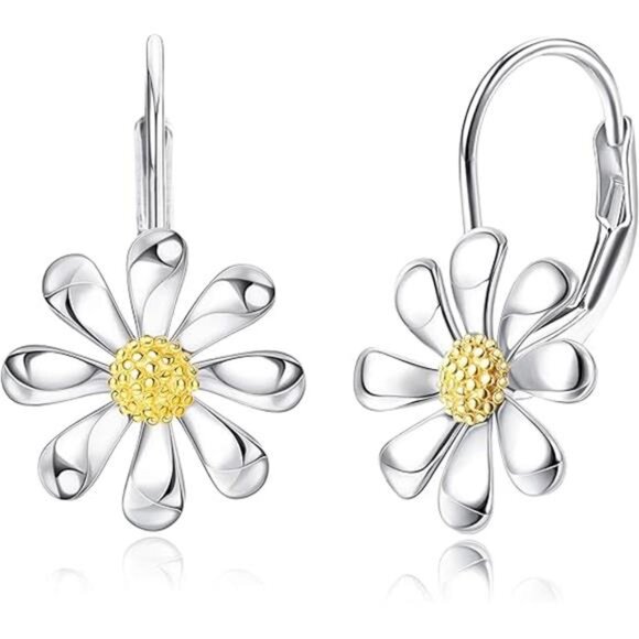 925 Sterling Silver Daisy Earrings 18K White Gold Plated Leverback - Picture 6 of 6